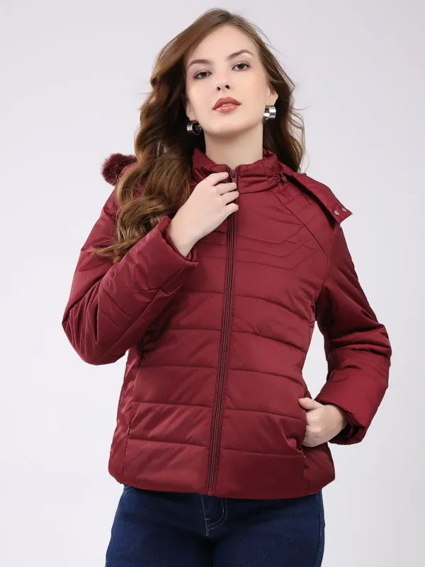 Women Maroon Solid Hooded Full Sleeve Jacket sold by Monte Carlo