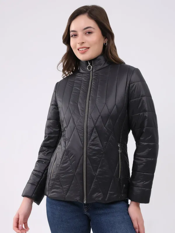 Women Black Solid Mock Neck Full Sleeve Jacket sold by Monte Carlo