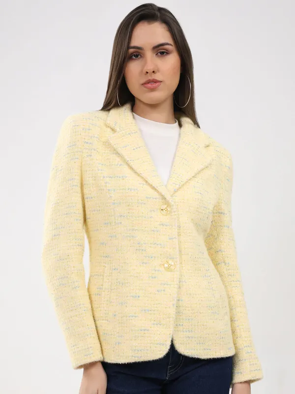 Women Yellow Self Design Notch Lapel Collar Full Sleeve Coat sold by Monte Carlo