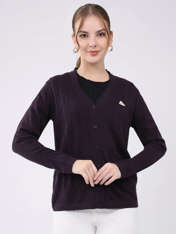 Women Purple Self Design V Neck Full Sleeve Cardigan sold by Monte Carlo