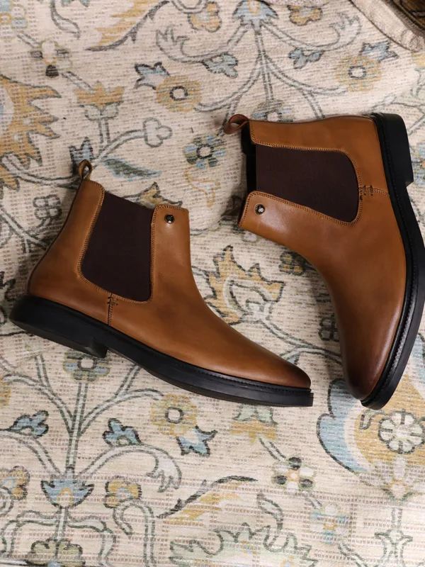 Men Tan Elastic Genuine Leather Chelsea Boots sold by Monte Carlo