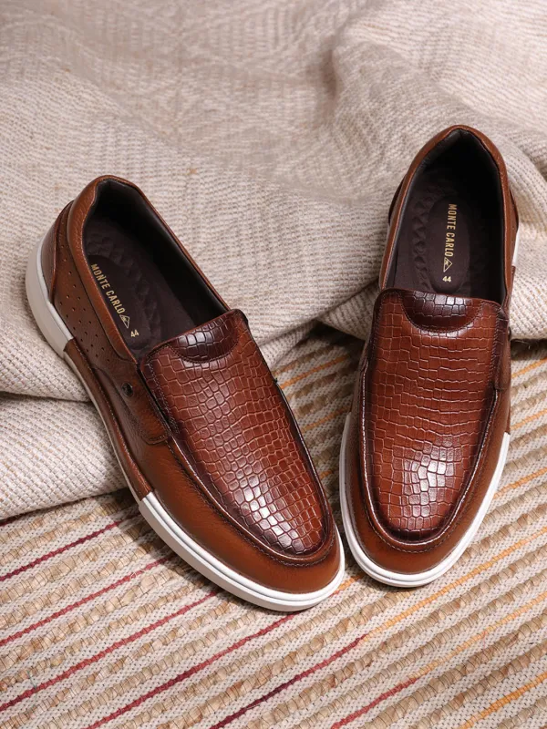 Monte Carlo Tan Croc Print Leather Casual Slip on Shoes for Men sold by Monte Carlo