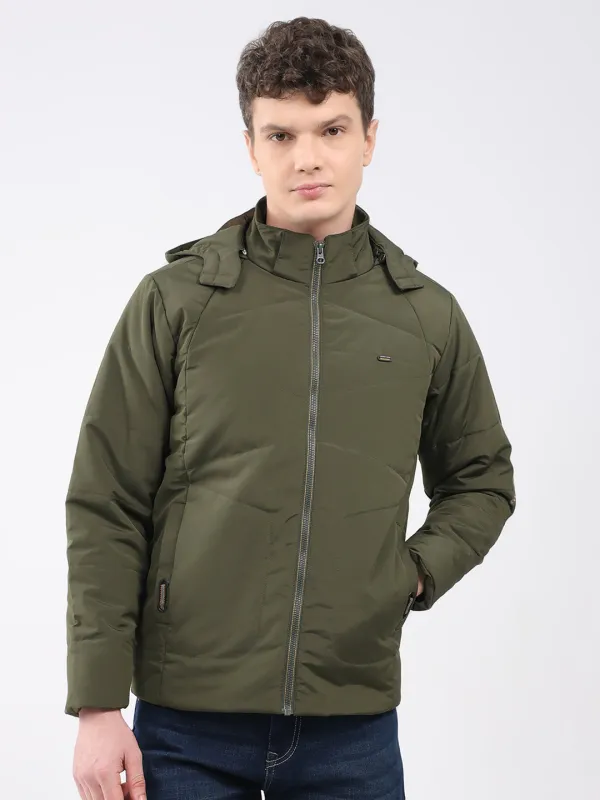 Men Olive Solid Hooded Full Sleeve Jacket sold by Monte Carlo