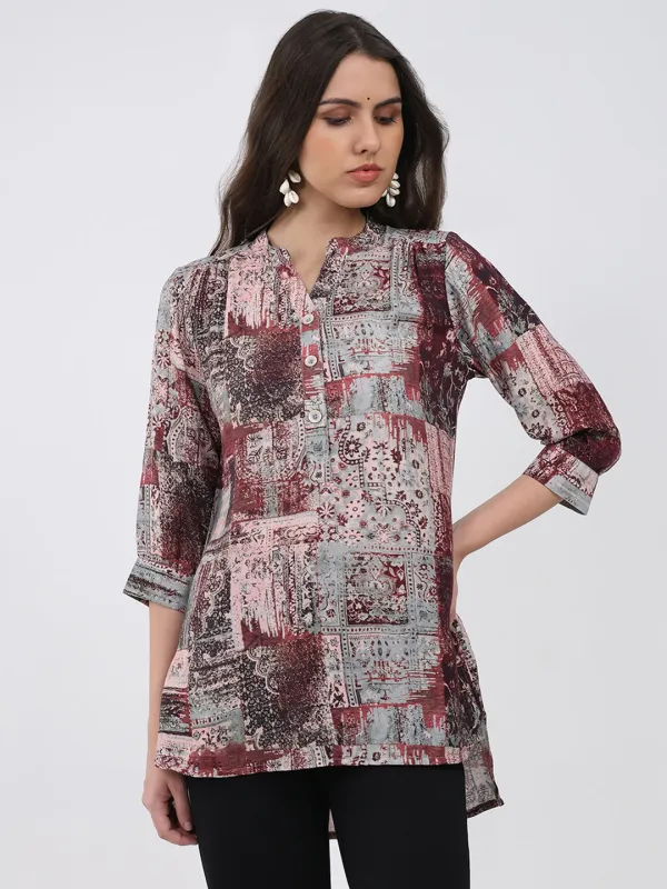 Women Burgundy Printed Round Neck 3/4th Sleeve Winter Kurti made by Monte Carlo