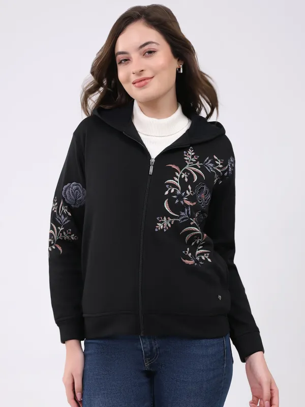 Women Black Embroidered Hooded Full Sleeve Sweatshirt sold by Monte Carlo