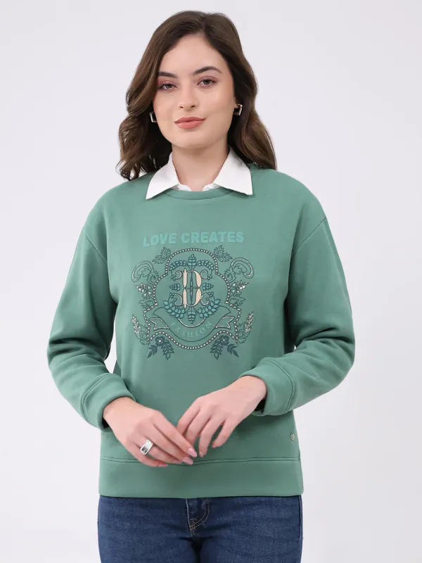 Women Green Printed Round Neck Full Sleeve Sweatshirt sold by Monte Carlo