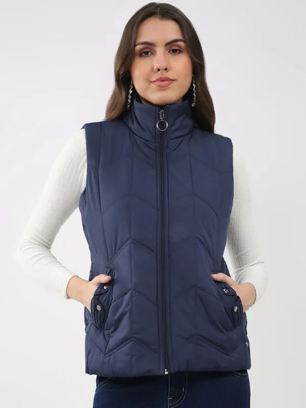 Women Navy Blue Solid Collar Sleeveless Jacket sold by Monte Carlo
