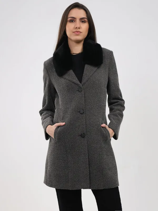 Women Grey Printed Collar Full Sleeve Coat sold by Monte Carlo