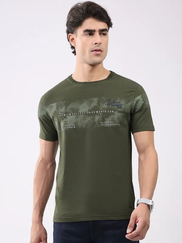 Men Olive Solid Round Neck Half Sleeve T-Shirt made by Monte Carlo