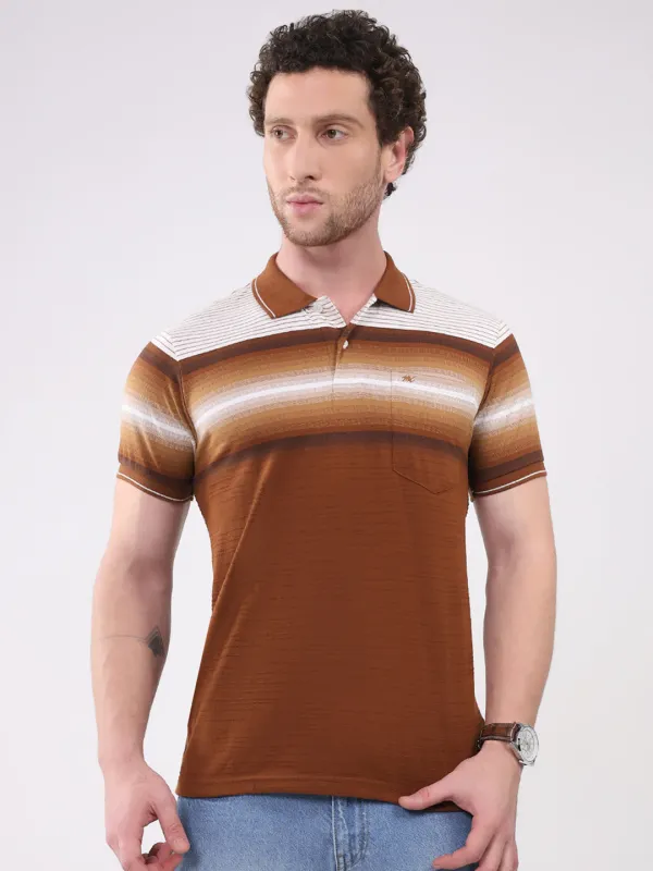 Men Brown Stripe Collar Half Sleeve T-Shirt made by Monte Carlo