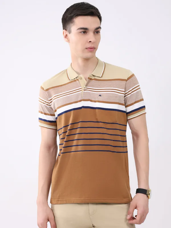 Men Beige Stripe Collar Half Sleeve T-Shirt made by Monte Carlo