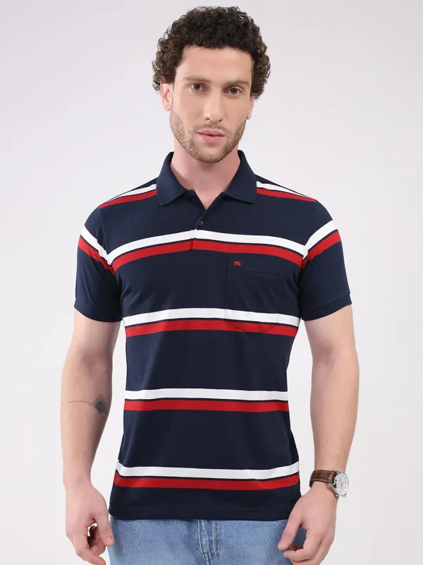 Men Navy Blue Stripe Collar Half Sleeve T-Shirt made by Monte Carlo