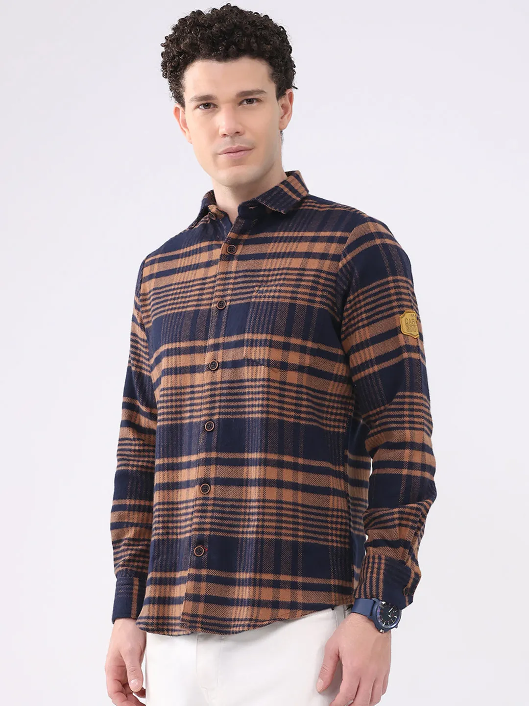 Men Brown Check Collar Full Sleeve Shirt sold by Monte Carlo product image thumbnail 3