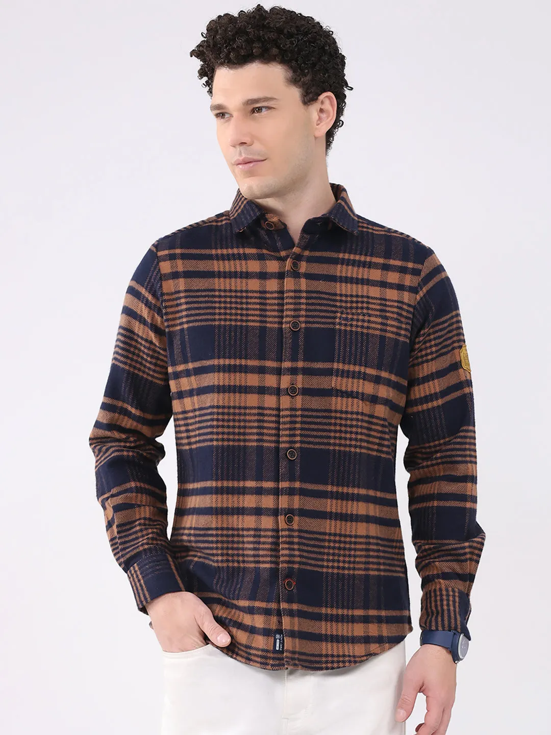 Men Brown Check Collar Full Sleeve Shirt sold by Monte Carlo