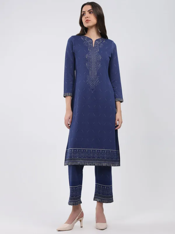 Women Blue Printed Round Neck Full Sleeve Kurti Set for Winter made by Monte Carlo