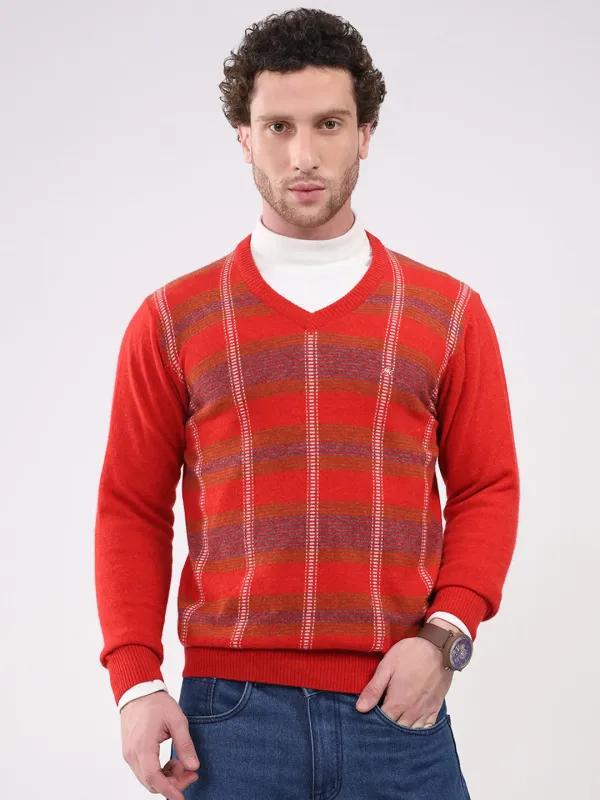 Men Red Printed V Neck Full Sleeve Pullover made by Monte Carlo