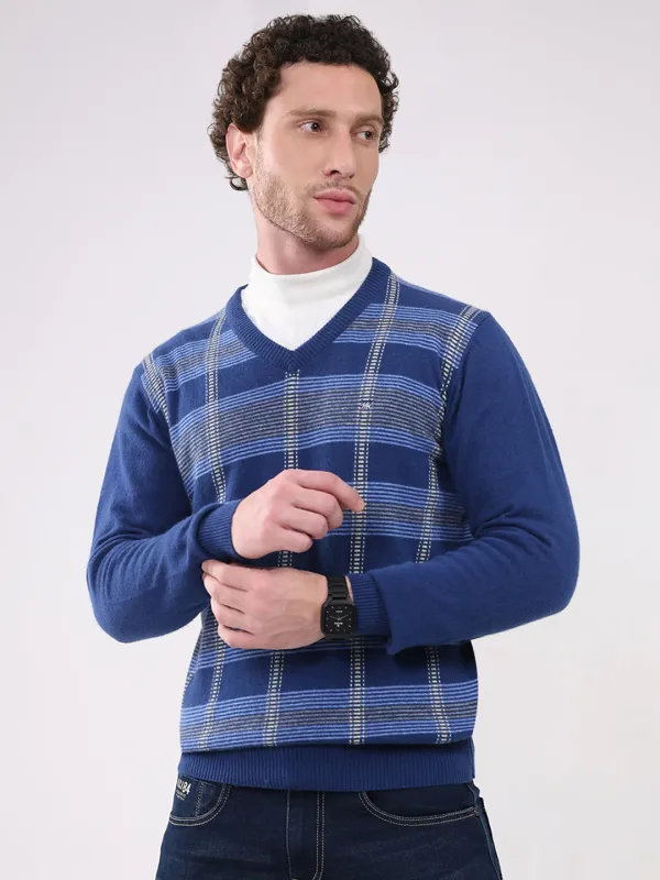 Men Dark Blue Printed V Neck Full Sleeve Pullover sold by Monte Carlo
