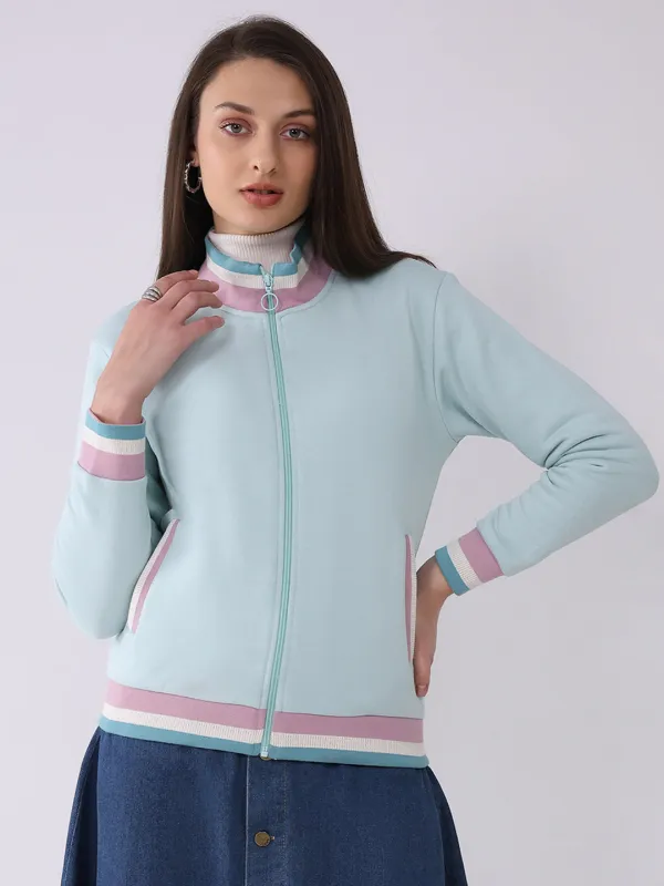 Women Blue Solid Mock Neck Full Sleeve Sweatshirt sold by Monte Carlo
