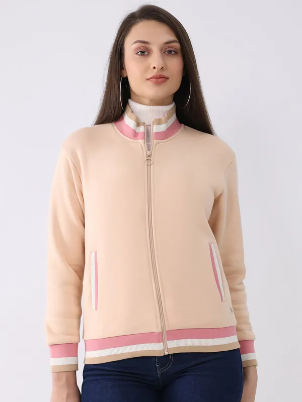 Women Peach Solid Mock Neck Full Sleeve Sweatshirt sold by Monte Carlo