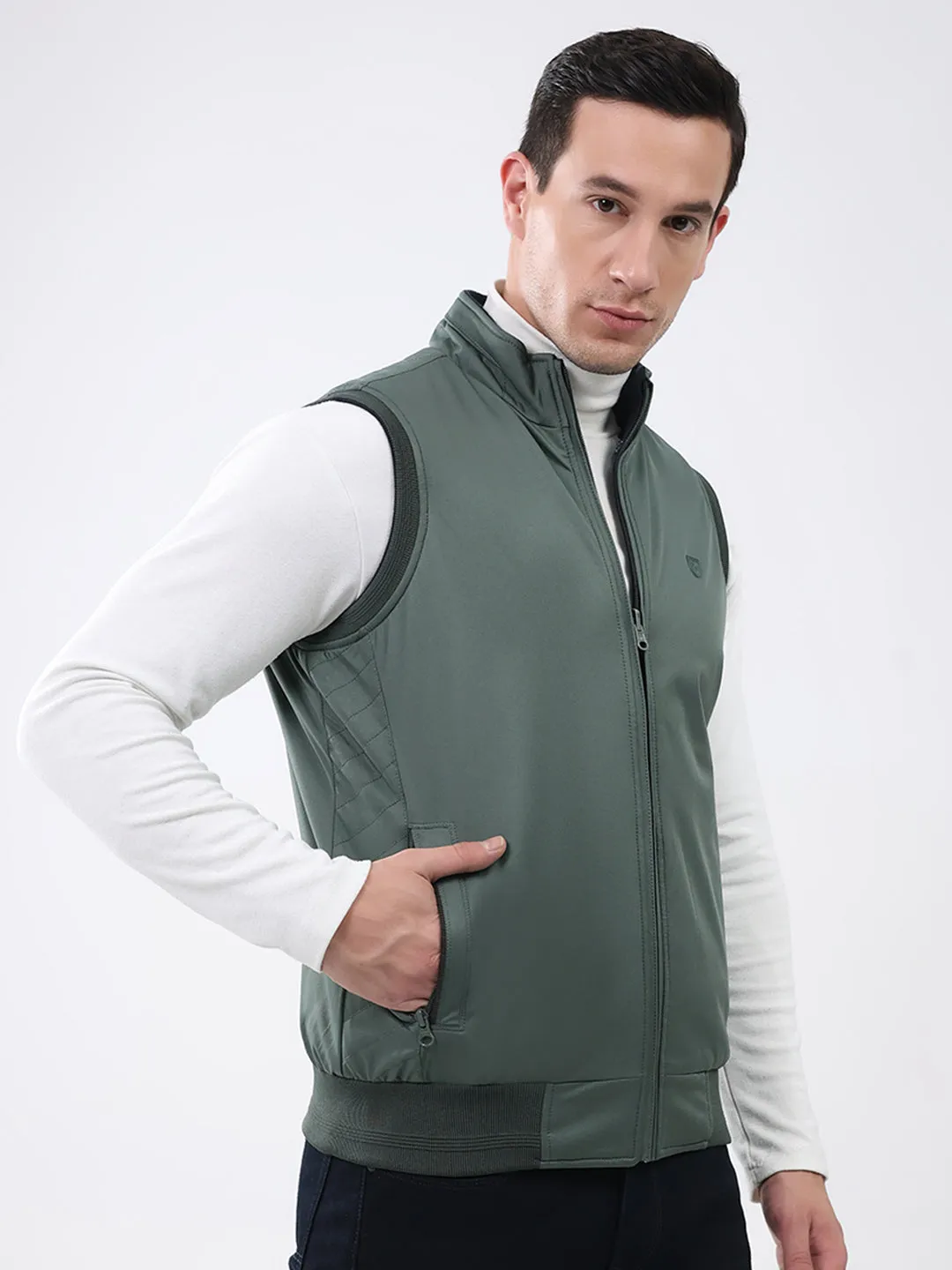 Men Green Solid Mock Neck Sleeveless Reversible Jacket sold by Monte Carlo product image thumbnail 4