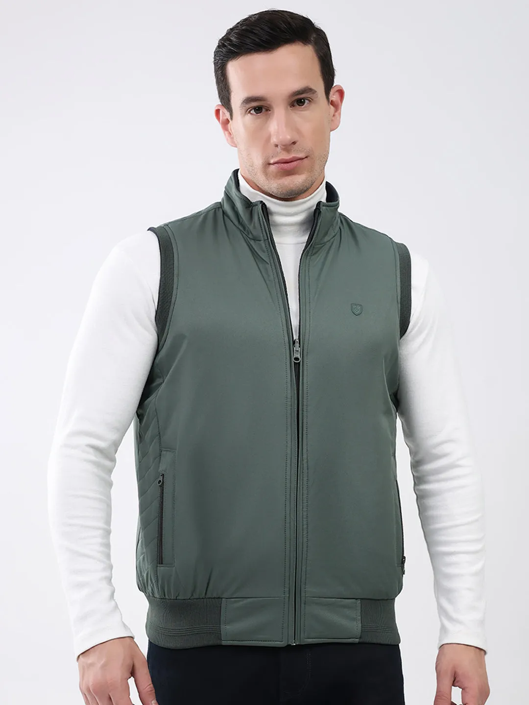 Men Green Solid Mock Neck Sleeveless Reversible Jacket sold by Monte Carlo