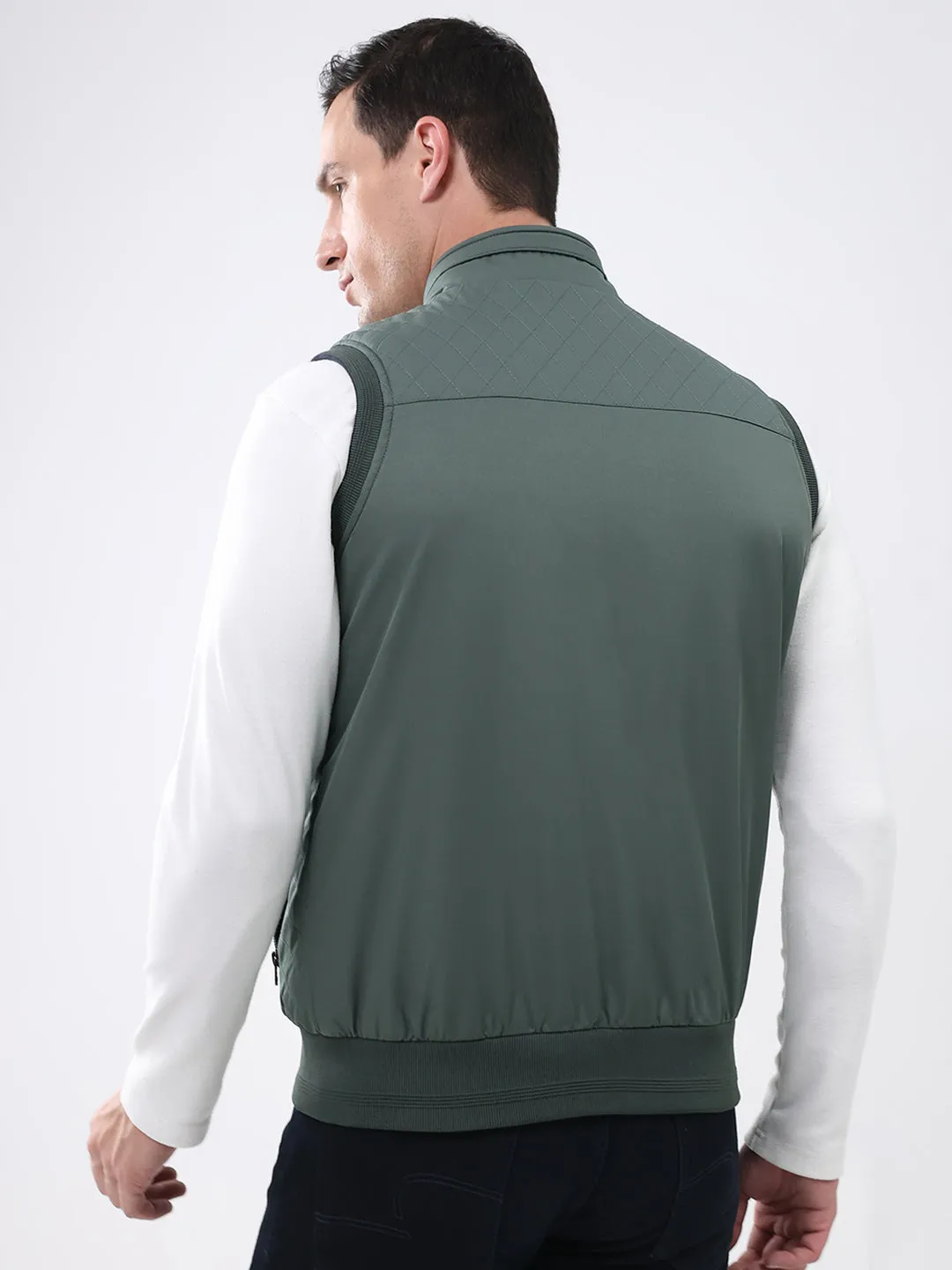 Men Green Solid Mock Neck Sleeveless Reversible Jacket sold by Monte Carlo product image thumbnail 5