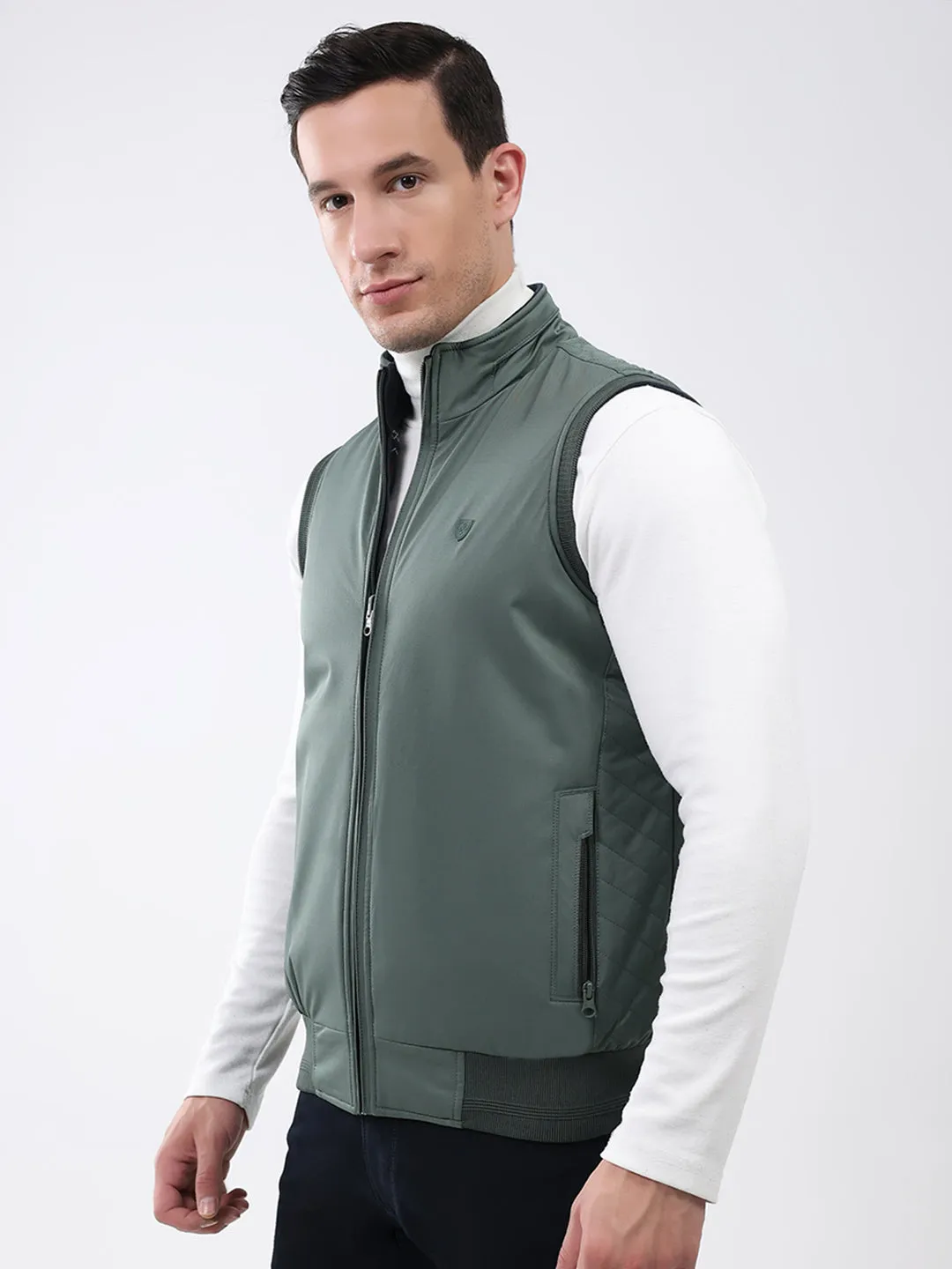 Men Green Solid Mock Neck Sleeveless Reversible Jacket sold by Monte Carlo product image thumbnail 3