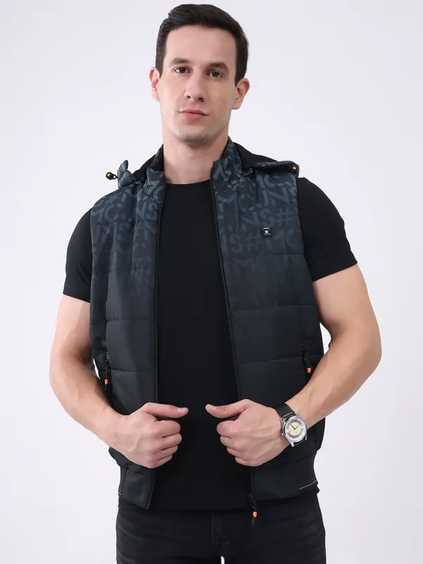 Men Black Self Design Hooded Sleeveless Jacket sold by Monte Carlo
