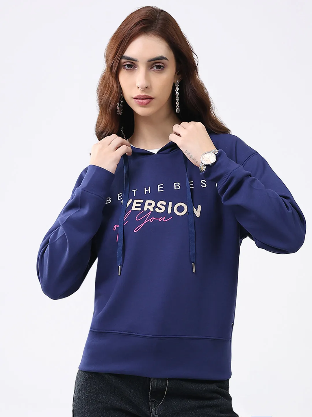 Women Navy Blue Printed Hooded Full Sleeve Winter Top sold by Monte Carlo