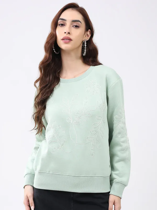 Women Green Self Design Round Neck Full Sleeve Sweatshirt sold by Monte Carlo