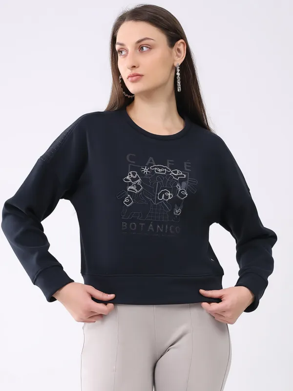 Women Navy Blue Printed Round Neck Full Sleeve Sweatshirt sold by Monte Carlo