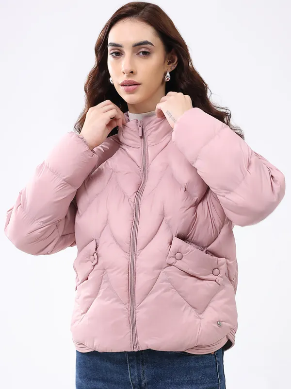 Women Pink Solid Mock Neck Full Sleeve Jacket sold by Monte Carlo