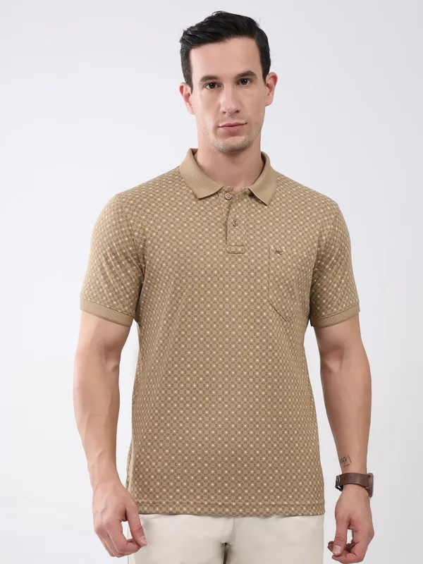Men Khaki Printed Collar Half Sleeve T-Shirt sold by Monte Carlo