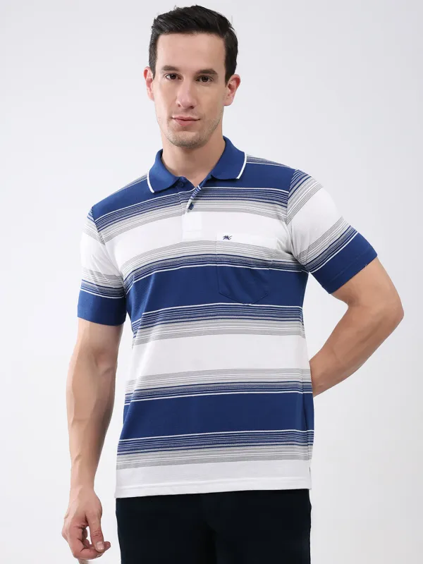 Men Navy Blue Stripe Collar Half Sleeve T-Shirt made by Monte Carlo