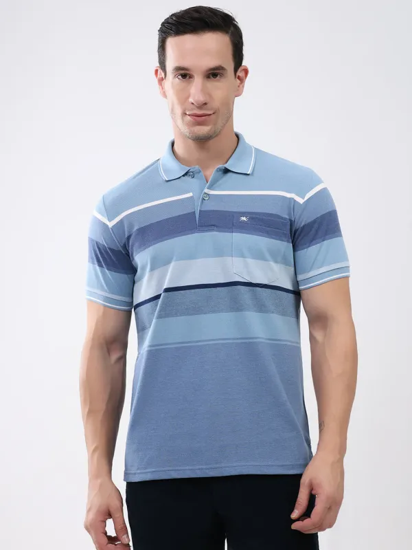 Men Blue Stripe Collar Half Sleeve T-Shirt made by Monte Carlo