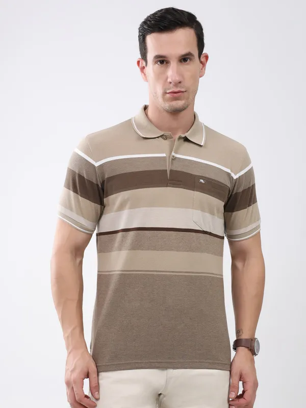 Men Brown Stripe Collar Half Sleeve T-Shirt made by Monte Carlo