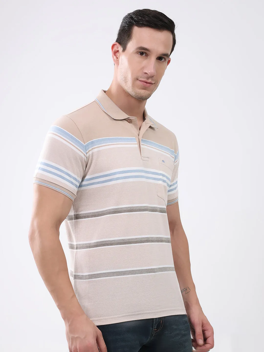 Men Beige Stripe Collar Half Sleeve T-Shirt sold by Monte Carlo product image thumbnail 4