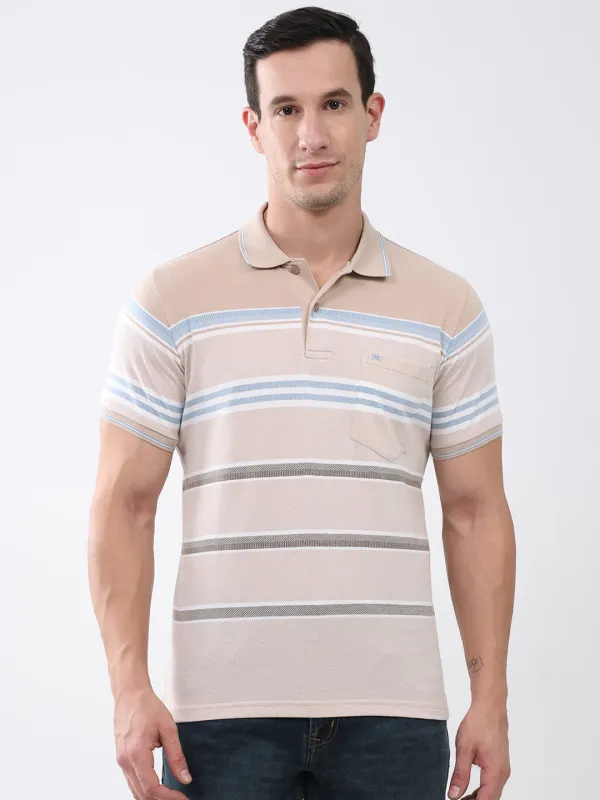 Men Beige Stripe Collar Half Sleeve T-Shirt made by Monte Carlo