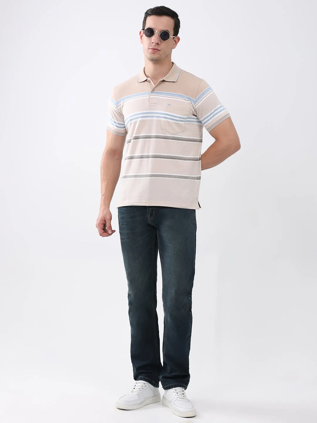 Men Beige Stripe Collar Half Sleeve T-Shirt sold by Monte Carlo product image thumbnail 2