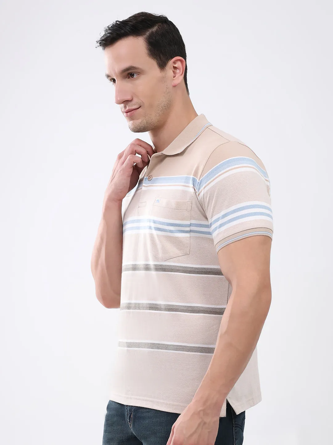 Men Beige Stripe Collar Half Sleeve T-Shirt sold by Monte Carlo product image thumbnail 3