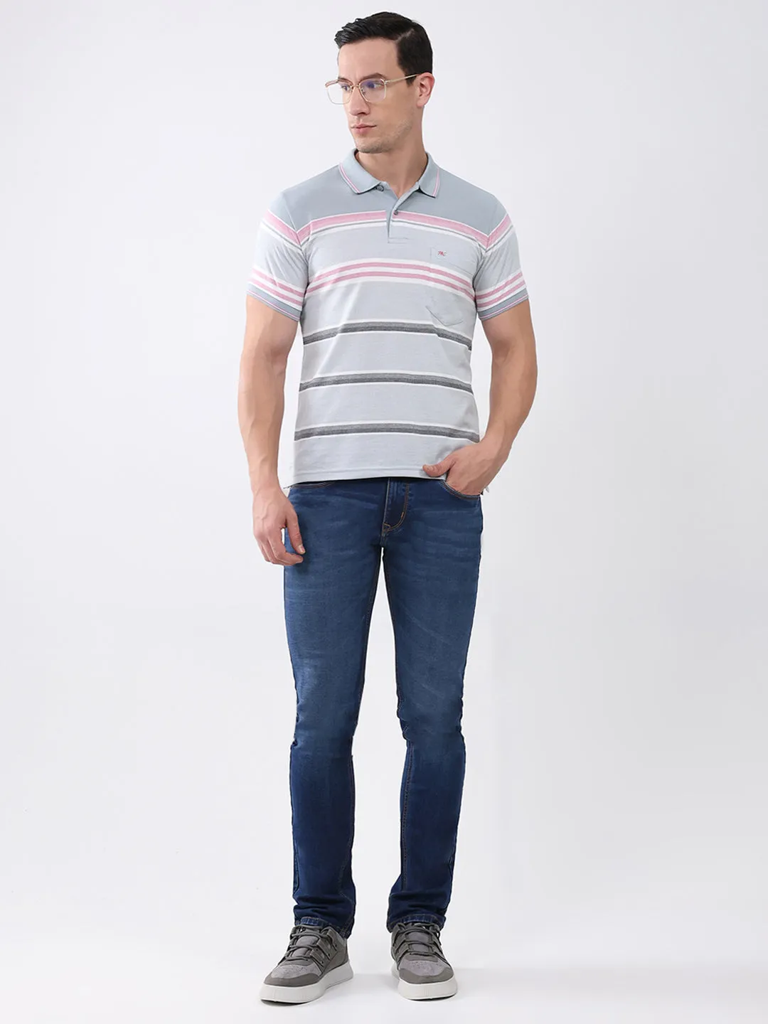 Men Grey Stripe Collar Half Sleeve T-Shirt sold by Monte Carlo product image thumbnail 2
