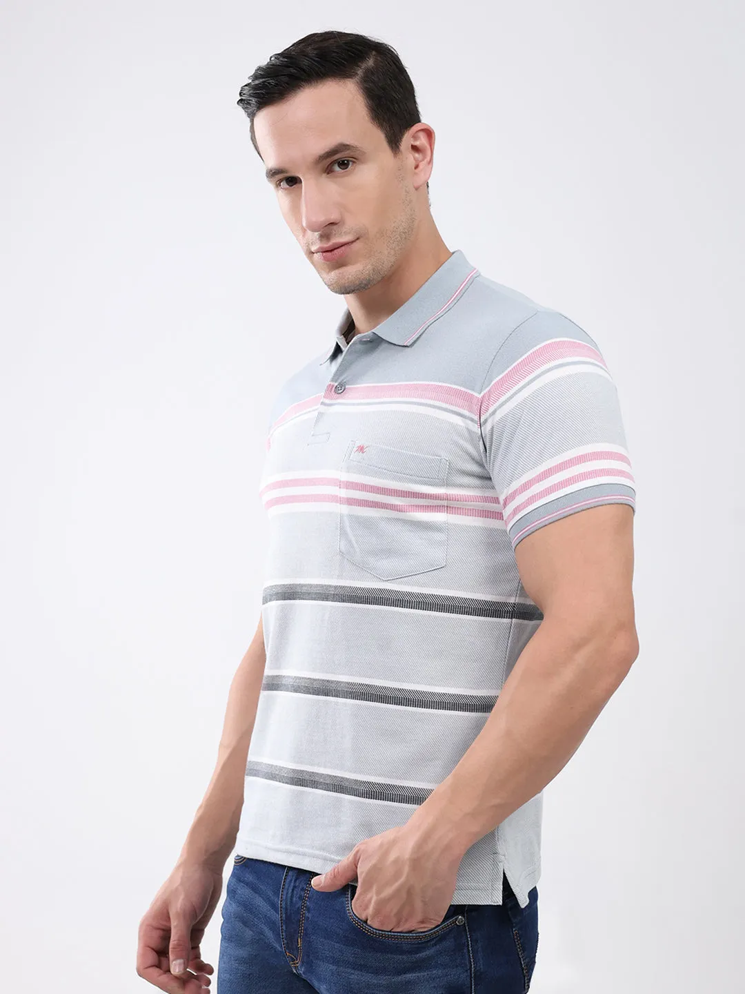 Men Grey Stripe Collar Half Sleeve T-Shirt sold by Monte Carlo product image thumbnail 3