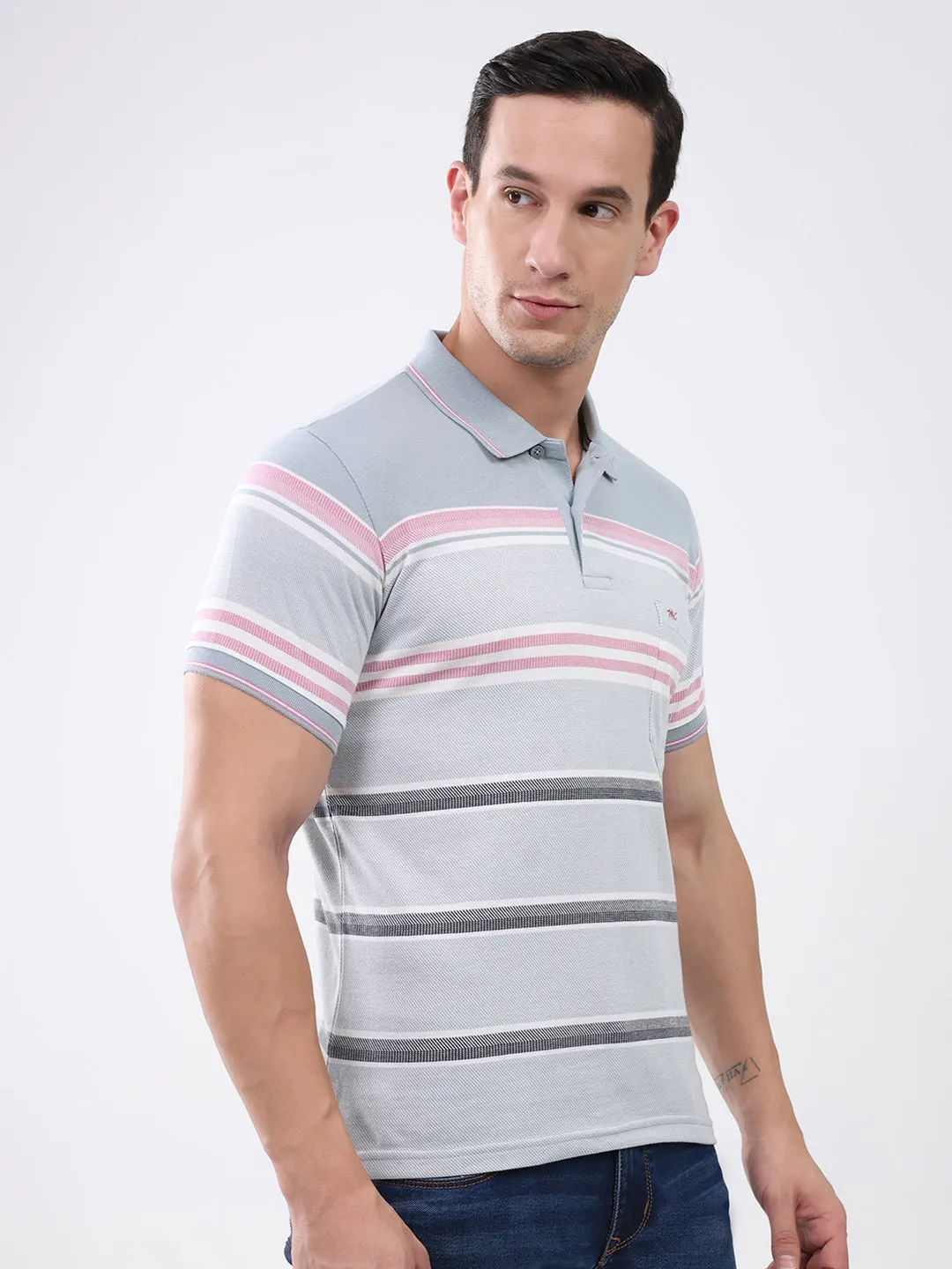 Men Grey Stripe Collar Half Sleeve T-Shirt sold by Monte Carlo product image thumbnail 4