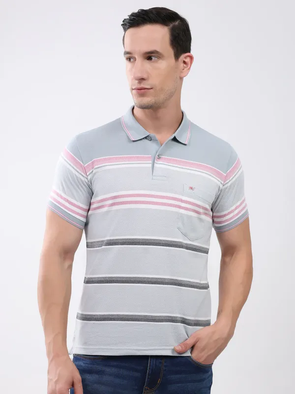Men Grey Stripe Collar Half Sleeve T-Shirt made by Monte Carlo