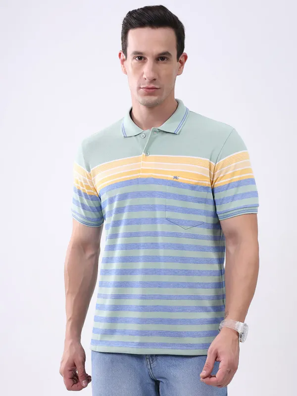 Men Green Stripe Collar Half Sleeve T-Shirt made by Monte Carlo