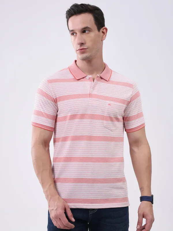 Men Peach Stripe Collar Half Sleeve T-Shirt made by Monte Carlo