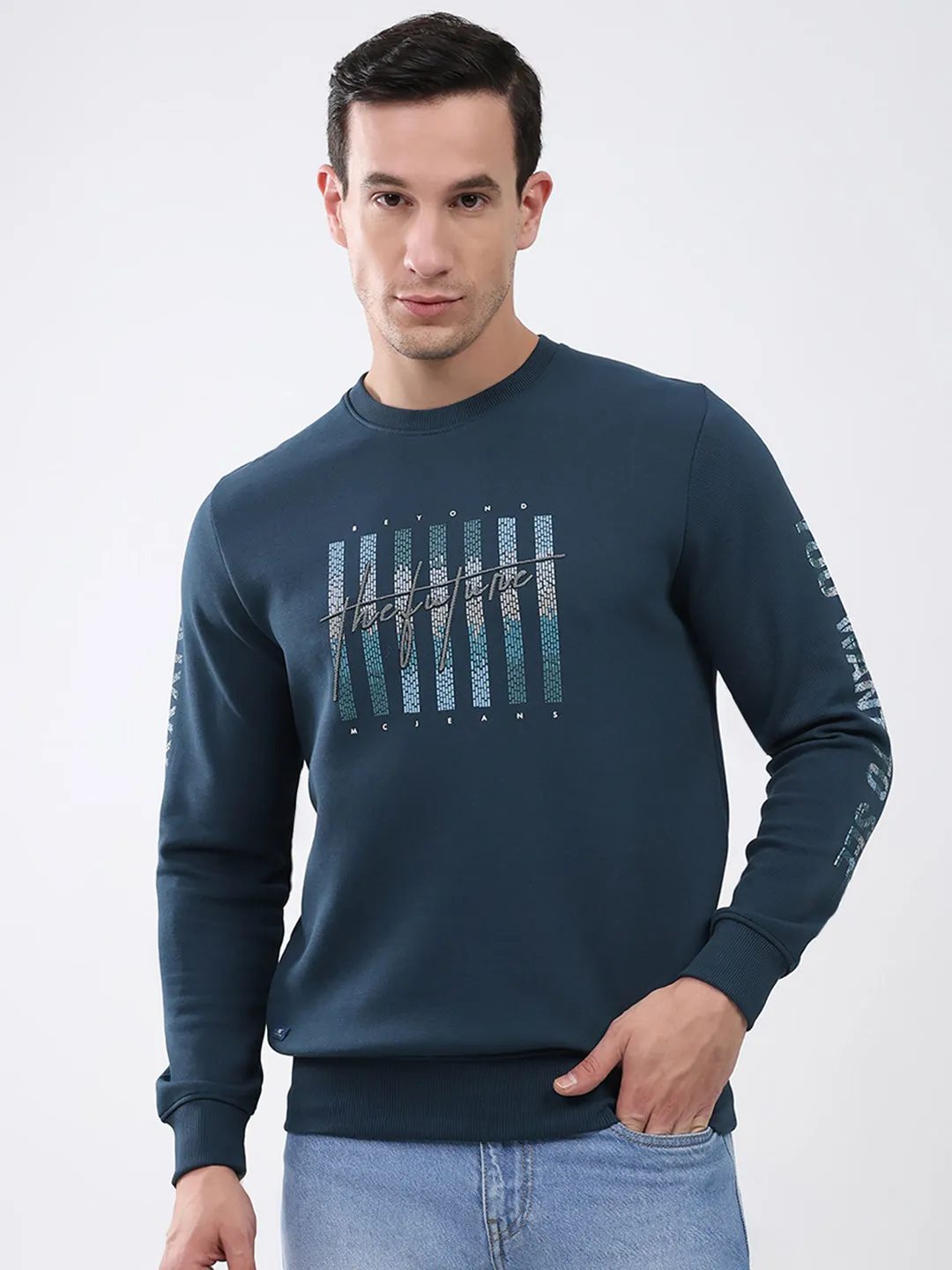 Men Blue Printed Round Neck Full Sleeve Winter T-Shirt sold by Monte Carlo