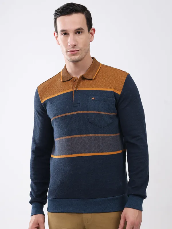 Men Navy Blue Stripe Collar Full Sleeve Winter T-Shirt sold by Monte Carlo