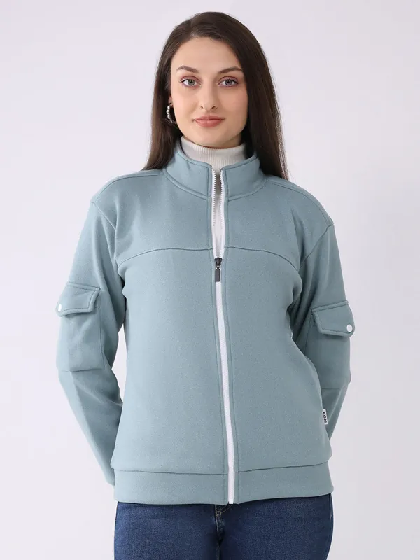 Rock.it Women Turquoise Blue Solid Mock Neck Full Sleeve Sweatshirt sold by Monte Carlo
