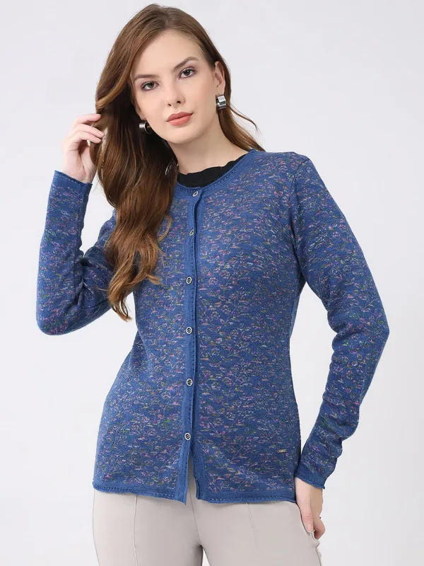 Women Blue Self Design Round Neck Full Sleeve Cardigan sold by Monte Carlo